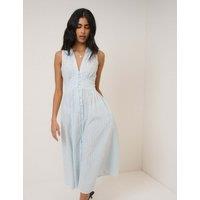 Nobody's Child Pure Cotton Checked V-Neck Midi Waisted Dress Blue