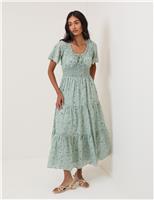 Cotton Rich Floral Scoop Neck Midi Smock Dress