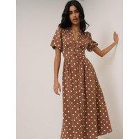 Nobody's Child Pure Cotton Polka Dot V-Neck Waisted Dress Brown