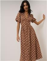Pure Cotton Polka Dot V-Neck Waisted Dress