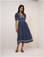 Patterned V-Neck Midi Waisted Dress