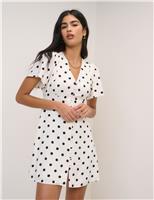 Polka Dot V-Neck Tie Detail Mini Tea Dress