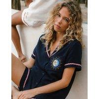 Chelsea Peers Pure Cotton Moon Embroidery Ric Rac Shortie Set Navy