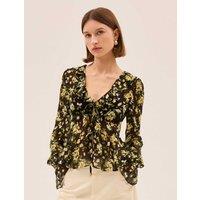 Kitri Floral V-Neck Blouse Black Mix