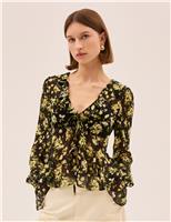 Kitri Floral V-Neck Blouse Black Mix