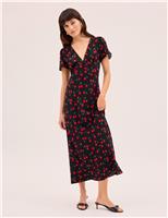 Cherry Print V-Neck Midaxi Waisted Dress
