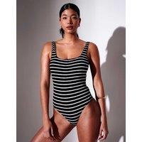 South Beach Crinkle Tummy Control Striped Swimsuit White/Black