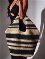 South Beach Straw Woven Striped Tote Bag White/Black