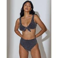South Beach Polka Dot Knot Front Plunge Bikini Top Black