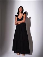 South Beach Pure Cotton Frill Sleeve Maxi Tiered Beach Dress Black