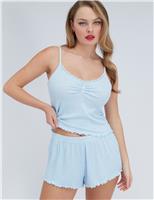 Ribbed Heart Print Lace Trim Shortie Set