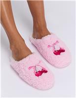 Valentines Cherry Bow Embroidered Mule Slippers
