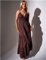 South Beach Pure Cotton Embroidered V-Neck Maxi Dress Brown