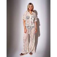 South Beach Cotton Rich Crochet Style Wide Leg Trousers Cream