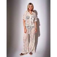 South Beach Cotton Rich Crochet Style Wide Leg Trousers Cream
