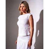 South Beach Pure Cotton Broderie Round Neck Shirred Top White
