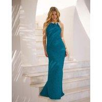 South Beach Textured Beaded Halter Neck Maxi Beach Dress Blue