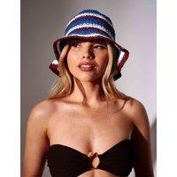 South Beach Woven Straw Striped Bucket Hat Blue
