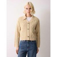 Jigsaw Wool Rich Cable Knit Collared V-Neck Cardigan Cream