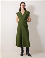Jigsaw Crepe V-Neck Midi Skater Dress Green
