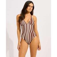 Seafolly Coastline Striped Padded V-Neck Swimsuit Brown