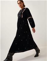 Velvet Embroidered Midi Smock Dress