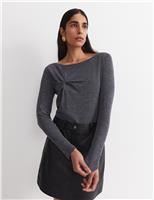 Sportscraft Pure Merino Wool Slash Neck Twist Detail Top Charcoal Mix