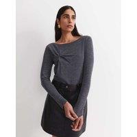 Sportscraft Pure Merino Wool Slash Neck Twist Detail Top Charcoal Mix
