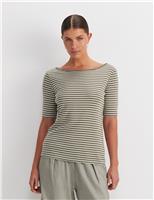 Sportscraft Pure Cotton Striped Slash Neck T-Shirt Khaki Mix