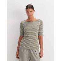 Sportscraft Pure Cotton Striped Slash Neck T-Shirt Khaki Mix