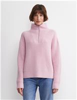 Sportscraft Pure Wool Ribbed Funnel Neck Half Zip Jumper Soft Pink