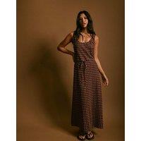 Nobody's Child Linen Rich Polka Dot Scoop Neck Slip Dress Brown