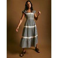 Nobody's Child Pure Cotton Checked Square Neck Smock Dress Blue