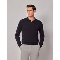 Hawes & Curtis Pure Cotton Open Collar Knitted Polo Shirt Black