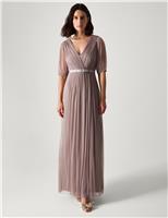 V-Neck Sheer Sleeve Maxi Column Dress