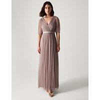 Monsoon V-Neck Sheer Sleeve Maxi Column Dress Light Brown