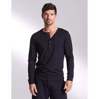 David Gandy Wellwear Premium Cotton Modal Long Sleeve Henley Pyjama Top Black