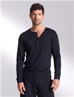 David Gandy Wellwear Premium Cotton Modal Long Sleeve Henley Pyjama Top Black
