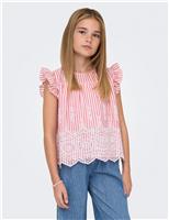 Kids Only Pure Cotton Striped Frilly Sleeve Top (8-14 Yrs) Cherry Red
