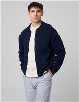 Peregrine Pure Cotton Ribbed Collared Neck Cardigan Navy