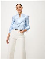 Crew Clothing Pure Cotton Striped V-Neck Blouse Cobalt