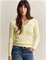 GANT Cotton Rich Cable Knit V-Neck Jumper Yellow
