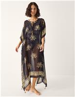 Monsoon Printed Tie Neck Midi Kaftan Black Mix
