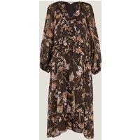 Monsoon Floral Notch Neck Ruffle Midi Smock Dress Chocolate
