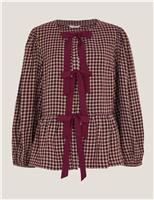 Check Tie Front Peplum Blouse