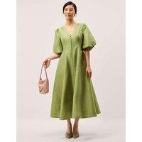 Monsoon V-Neck Puff Sleeve Midi Skater Dress Light Green