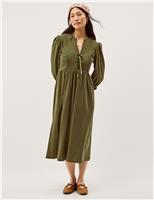 Monsoon Cord Textured Notch Neck Midi Smock Dress Khaki
