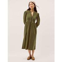Monsoon Cord Textured Notch Neck Midi Smock Dress Khaki