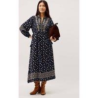 Monsoon Jersey Printed Notch Neck Midi Tea Dress Navy Mix