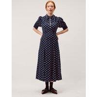Monsoon Polka Dot Embellished Midi Tea Dress Navy Mix